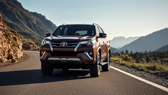 Toyota Fortuner 2025 front view on mountain road showing new grille and LED headlights.