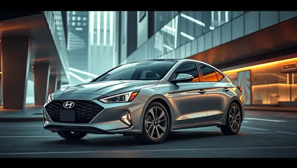 Hyundai Elantra: Everything You’ve Ever Wanted to Know — Clearly Explained 5 2021 Hyundai Elantra hybrid in a futuristic city environment, showing its bold redesign and modern tech features.
