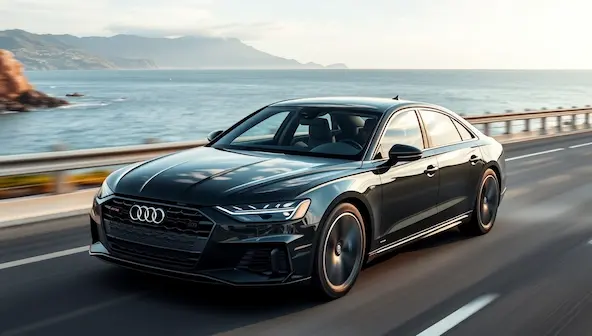 2022 Audi A8 luxury sedan driving on a highway, featuring refined styling, executive presence, and modern Audi design language