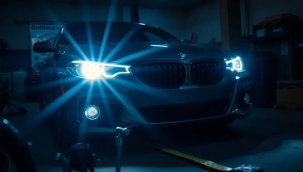 Brightly aligned car headlights in a garage with tools ready for adjustment, illustrating proper headlight care and safety.