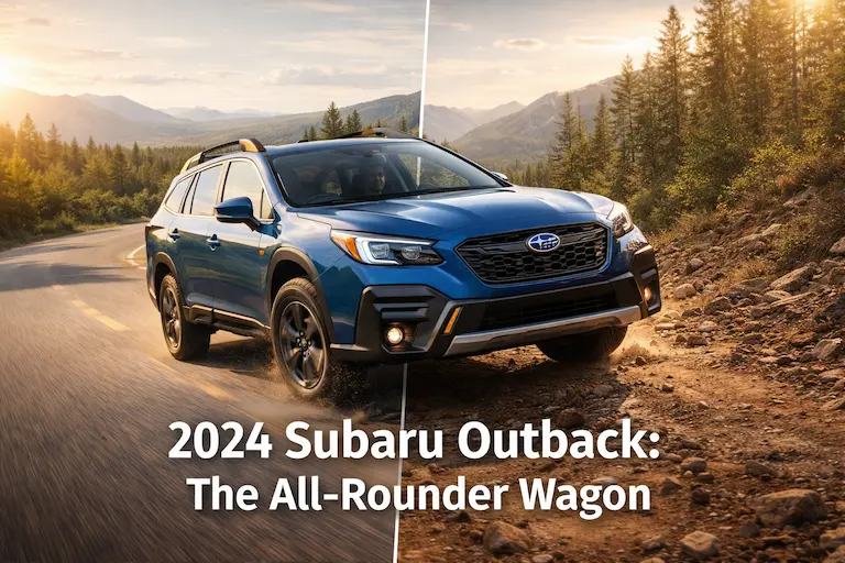 2024 Subaru Outback: The All-Rounder Wagon You Can Trust 9 2024 Subaru Outback driving on a split landscape: paved road for city driving and dirt trail for off-road adventures, showcasing its versatility and AWD capability.