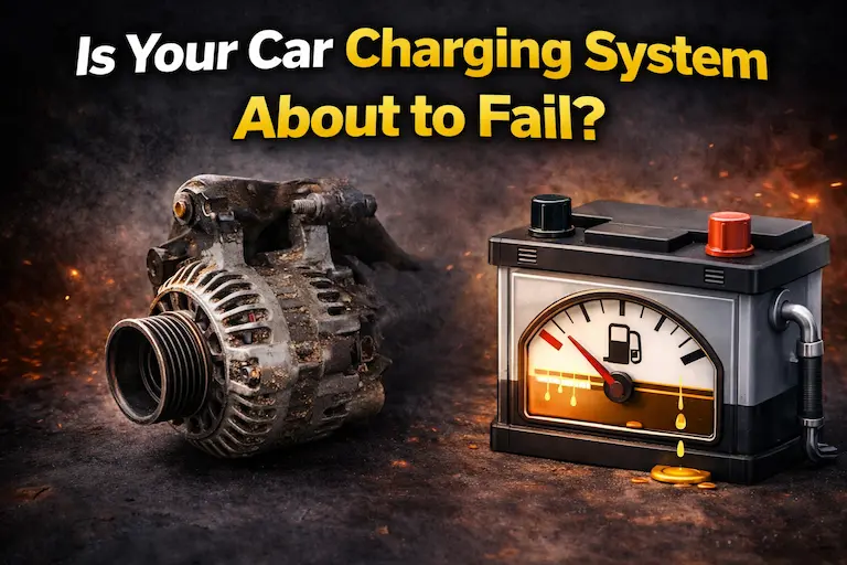 The car Charging Circuit: Your Car’s Hidden Power Plant (And Why It Can Leave You Stranded) 8 High-resolution automotive illustration showing a car charging system concept with two separate components: a worn alternator on the left and a car battery on the right with a low charge indicator, set against a dark, dramatic background to highlight the relationship between the alternator generating power and the battery storing energy.