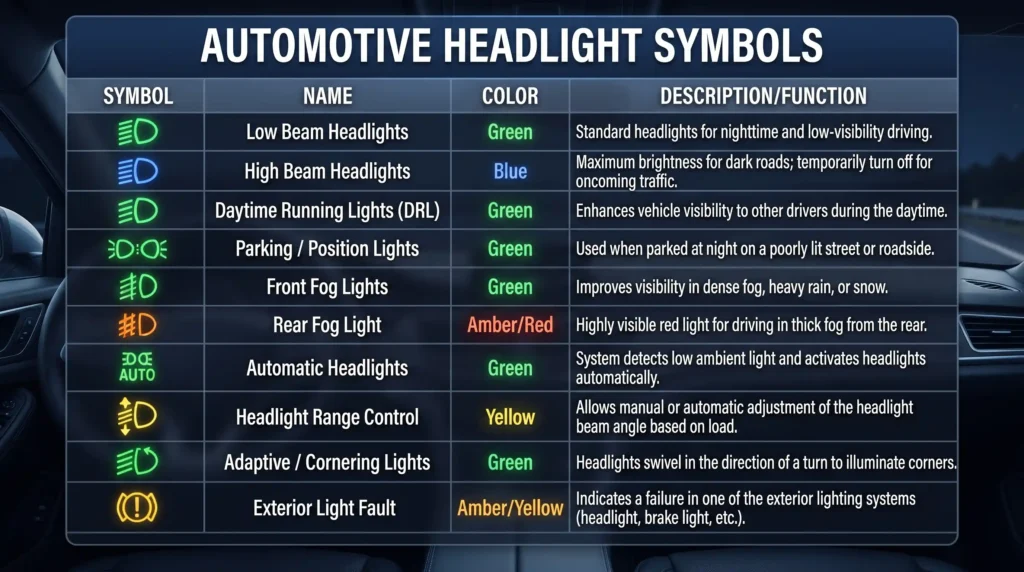 Your Car is Speaking in Code: Decoding the Secret Language of Headlight Symbols 2 An automotive 16:9 widescreen infographic table displaying 10 headlight symbols and exterior light dashboard warning symbols with their respective names, indicator colors (Green, Blue, Yellow, Amber/Red), and brief function descriptions against a dark blue background.