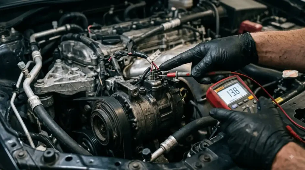 How to Fix a car ac Compressor: Diagnose It Before You Replace It 6 A mechanic using a digital multimeter to test the electrical wiring connector on a car ac compressor inside an engine bay.