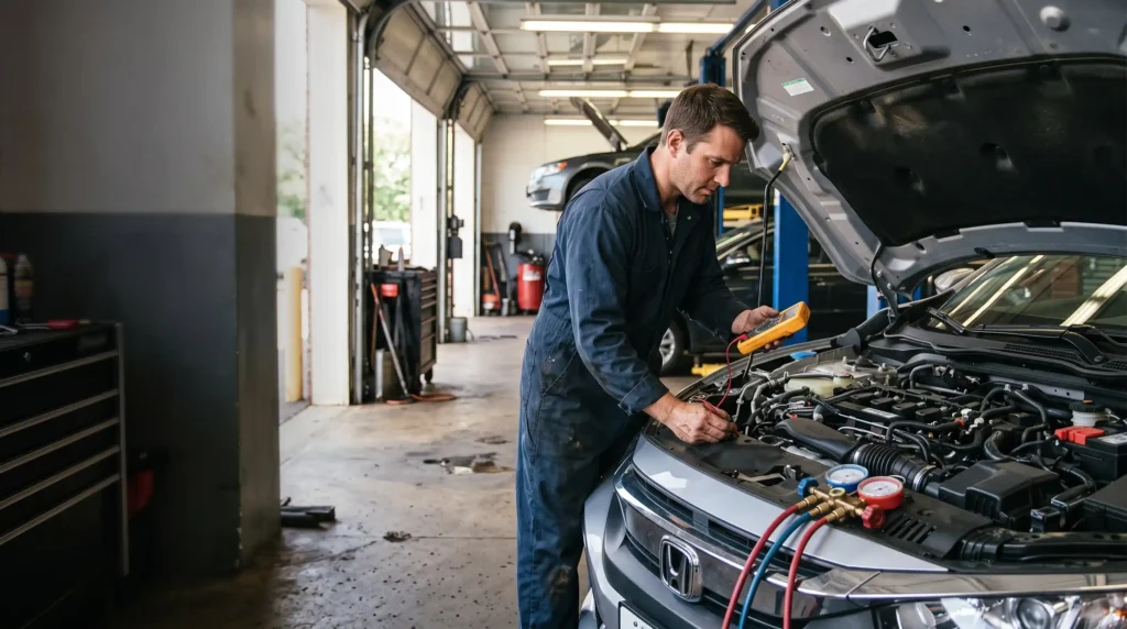 Honda AC repair technician diagnosing a Honda Civic AC system in an auto garage