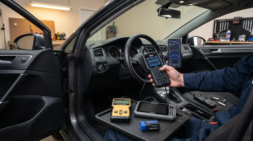 Best OBD2 Scanner in 2026: Which One Should You Buy? 2 A realistic photograph taken from the driver's seat perspective inside a car cockpit in a garage. A person, wearing a dark blue mechanic's shirt, is actively holding and using an Ancel-branded handheld corded OBD2 diagnostic scanner with a detailed, illuminated menu screen. On a black tray resting on the center console, a collection of other diverse corded and wireless OBD2 scanners from brands like BlueDriver, TopDon, and MotoPower are neatly laid out for comparison. Another TopDon wireless tablet scanner is on the passenger seat. The scene showcases a comprehensive selection and active testing to determine the best obd2 scanner for different diagnostic needs. The background through the open driver's door shows a detailed garage workbench with tools and parts.