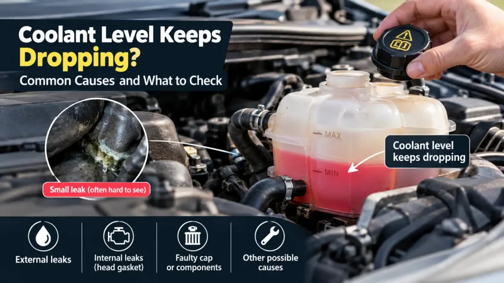 Coolant level keeps dropping with no visible leak in a car cooling system