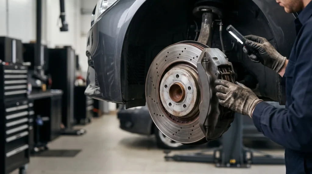 Why Are My Brakes Squeaking? 7 Causes and What to Do 2 A gloved mechanic, working in a clean and organized auto repair shop, holds an inspection light to closely check the surface of a ventilated brake rotor and the caliper, investigating the issue of brakes squeaking.