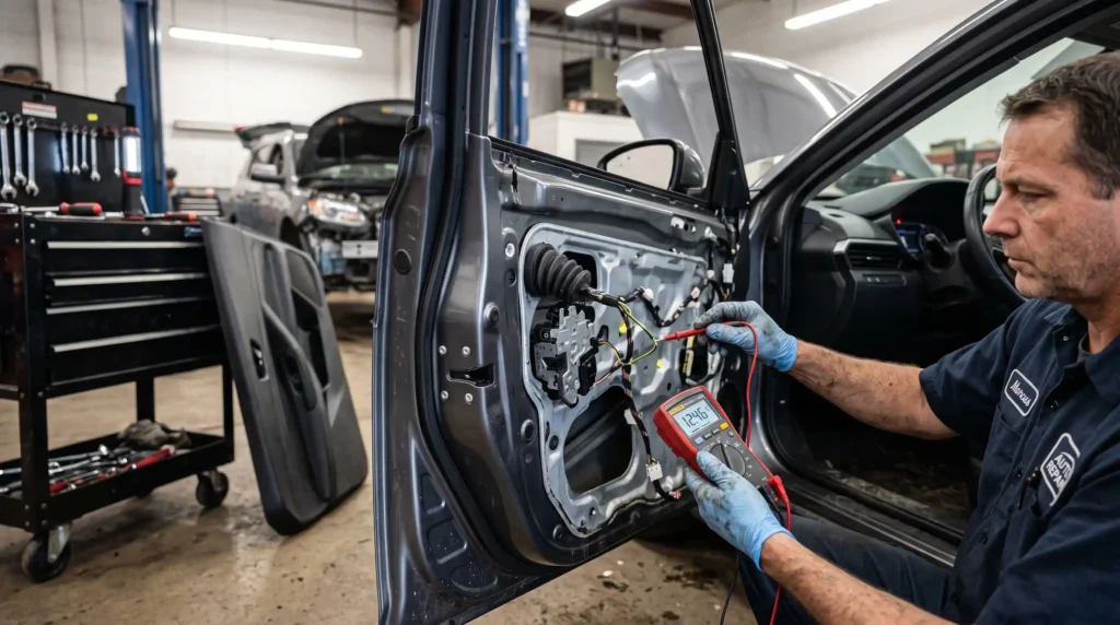 car door lock not working: a mechanic testing the door lock actuator wiring