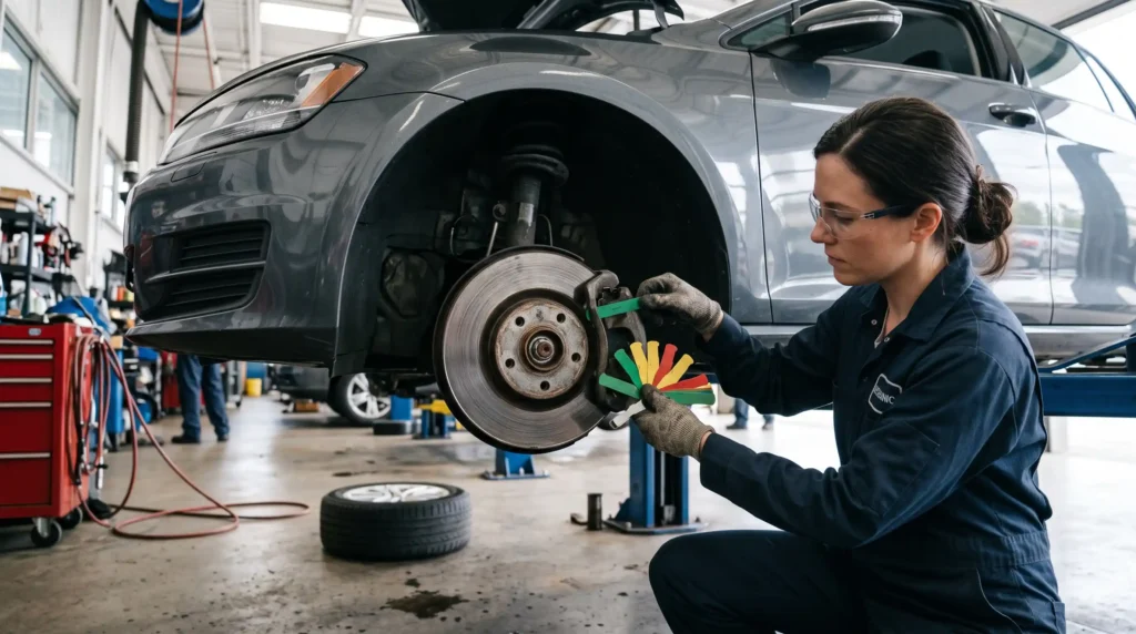 How Long Do Brake Pads Last? Mileage, Signs & Cost 2 How Long Do Brake Pads Last: mechanic checking brake pad thickness