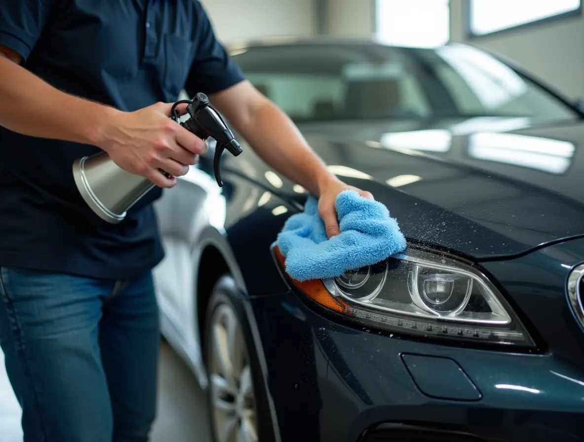 The Ultimate Guide to Post-Repair Cleaning 3 An auto detailer carefully removes fine dust from a freshly repaired car using a California Car Duster. Compressed air is being used to clean door jambs and grilles, ensuring no debris remains. A microfiber mitt is rinsed gently to avoid scratching the paint. The scene takes place in a professional detailing garage with bright lighting.