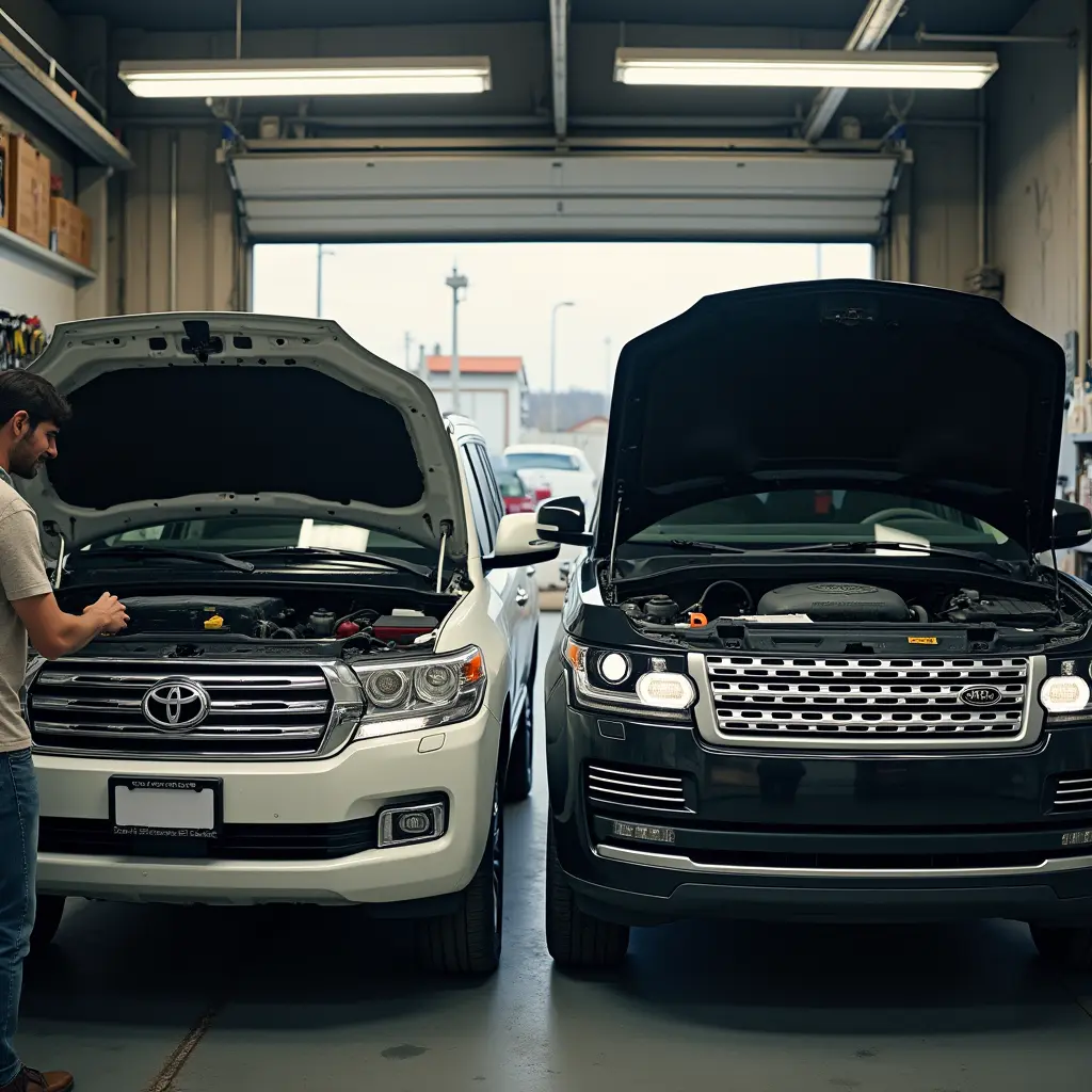 What mileage is good for a used car? Is it 12000/Y? 2 Side-by-side photo showing what mileage is good for a used car - a well-maintained 275,000-mile Toyota Land Cruiser (left) vs a problematic 95,000-mile Land Rover (right) proving maintenance matters more than mileage alone.