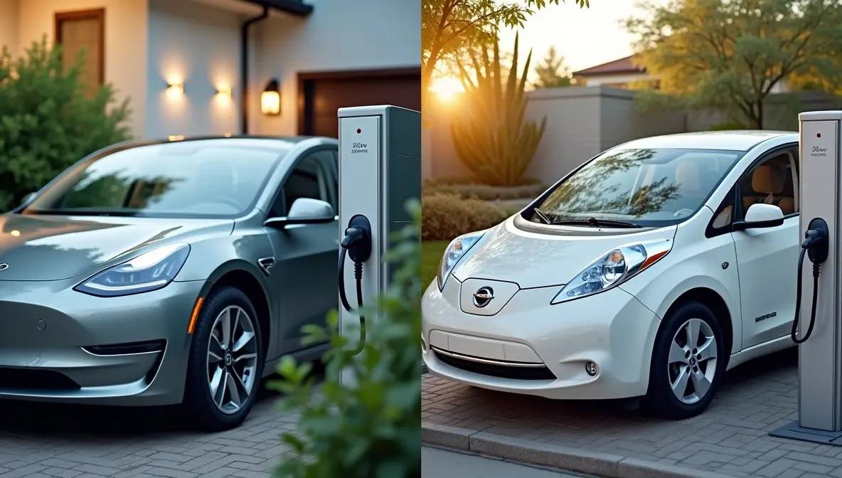 Electric vehicle charging comparison: home charger vs fast public DC charger.