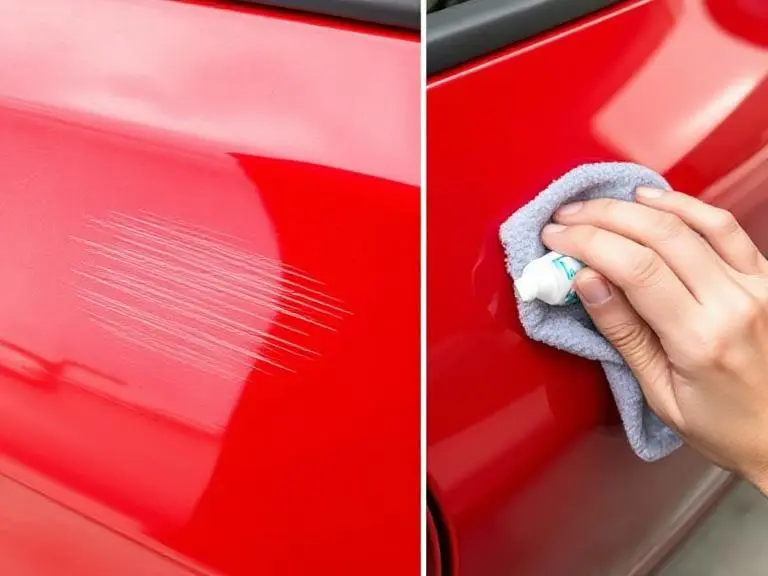 Close-up before and after comparison of a red car door scratches, showing the effectiveness of using toothpaste and a microfiber cloth to buff it out.