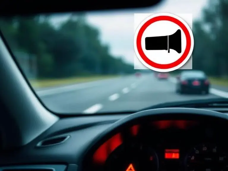 Car Horn Not Working? Here’s What to Do Before Panicking 2 Dashboard warning light indicating a car horn malfunction with road view in background.