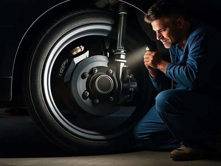 Mechanic inspecting suspension and CV joint of a car making noise when turning, in a dim garage with flashlight highlighting the wheel area.