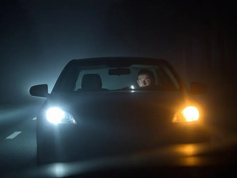 Headlights Not Working? Here’s What Every Driver Needs to Know 3 Car stranded on a dark foggy road at night with headlights not working, driver holding a flashlight out the window in a panic.