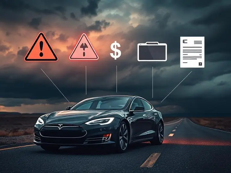 Tesla Model S under stormy skies with floating icons for insurance cost, screen failure, and warning alerts—depicting the uncertainty and challenges Tesla owners may face.