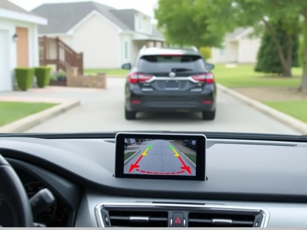 Car using a reversing camera in a car with parking guidelines on the screen for safe backing