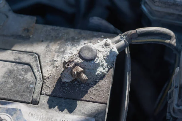 The Quick & Easy Guide to Clean Car Battery Terminals (And Why You MUST Do It!) 2 close-up of severely corroded car battery terminal showing white and blue corrosion