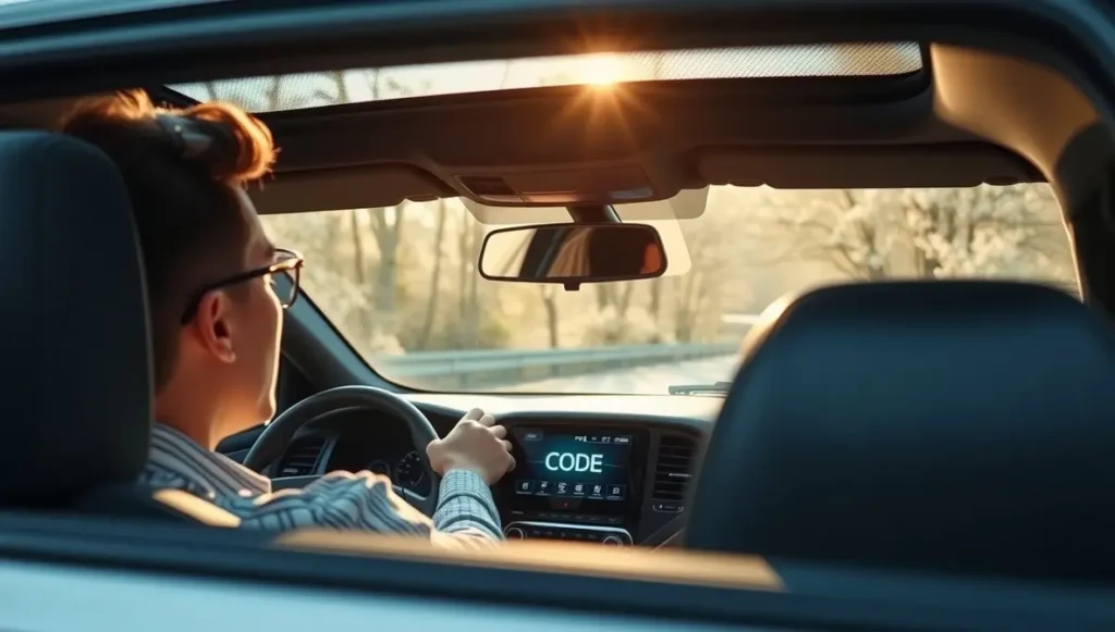 Driver checking the car radio code message on dashboard display.