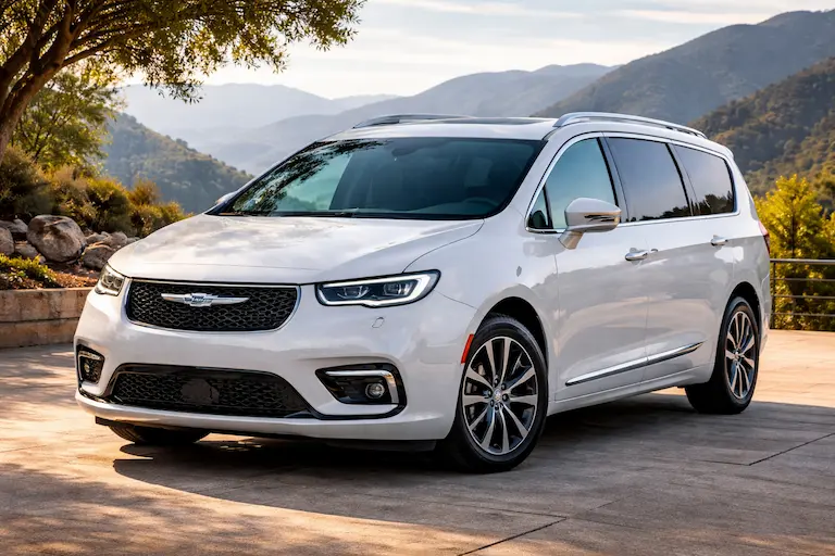 2025 Chrysler Pacifica: The Minivan That Still Matters 2 2025 Chrysler Pacifica white minivan parked on a scenic mountain overlook at sunset, showcasing sleek design, LED headlights, and modern family-friendly styling.