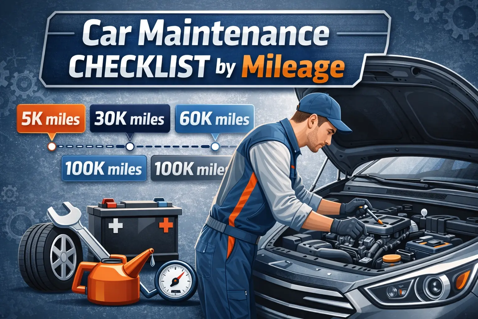 Your Car's Lifeline: The Master Car Maintenance Checklist That Stops Headaches Before They Start 2 Professional car maintenance checklist by mileage infographic showing a mechanic checking an engine with the hood open, surrounded by tools like a wrench, oil can, tire gauge, and battery, with service milestones at 5K, 30K, 60K, and 100K miles in a clean blue and orange design.