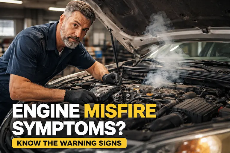 Engine Misfire Symptoms: An 18-Year Mechanic's Guide to Diagnosis 2 Mechanic inspecting a car engine showing engine misfire symptoms, with smoke rising and check engine light on, highlighting common warning signs.