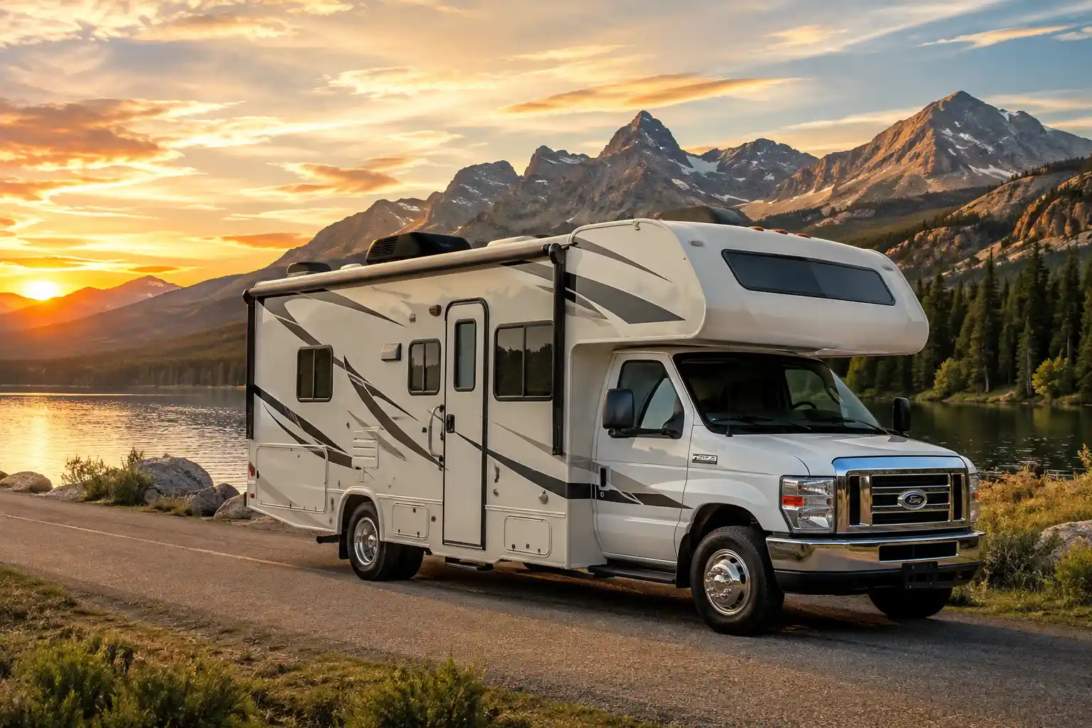 RV Rental vs Buying: The Big Picture 2 White Class C RV parked beside a mountain lake at sunset