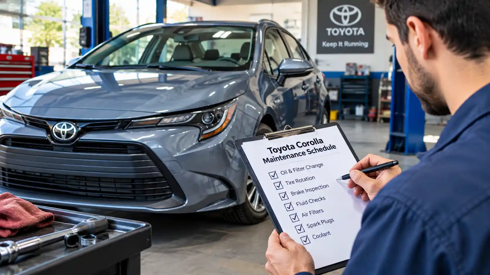 Toyota Corolla maintenance schedule with a mechanic checking oil, tire rotation, brakes, filters, coolant, and spark plugs.